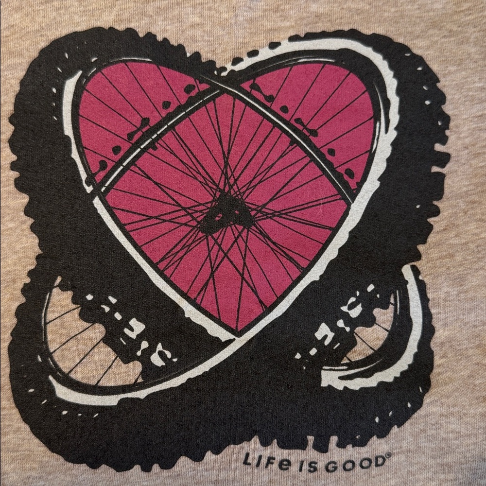 Life Is Good tan v-neck Long Sleeve with Heart Bicycle tires Graphic
